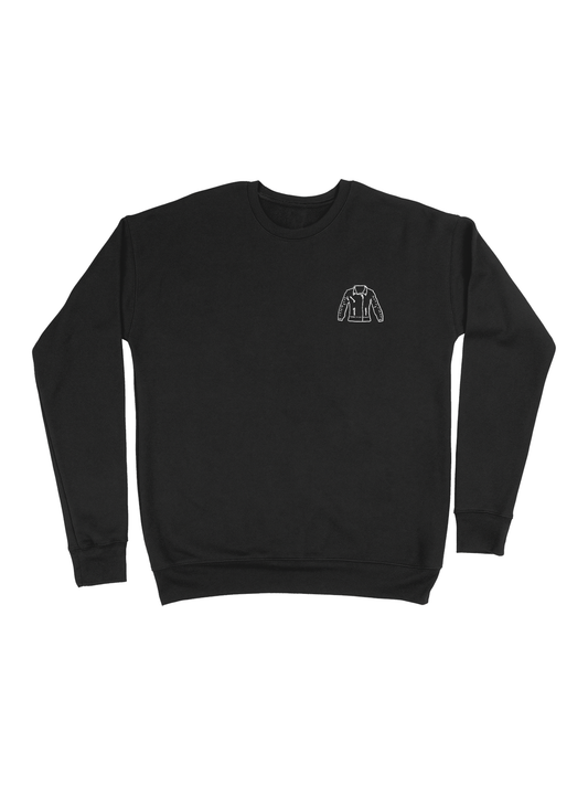 A black crewneck sweatshirt with a logo on the upper left front side.